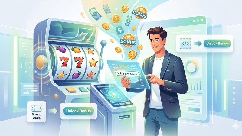 Современная иллюстрация с игровыми слотами Novomatic и бонусными символами для статьи о промокодах.