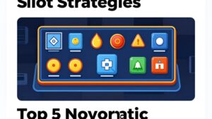 Современная иллюстрация с игровыми слотами Novomatic и бонусными символами для статьи о стратегиях игры